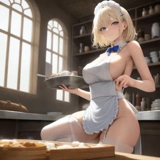 中长发, 卷发, 室内的, 乳头, R18, 侧胸, 杰作, 乳头可见, 裸体围裙